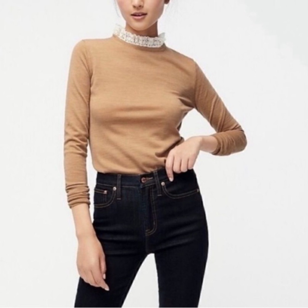 J. Crew Tippi 100% Merino Wool Crochet Lace Collar Sweater Tan Large Preppy Boho